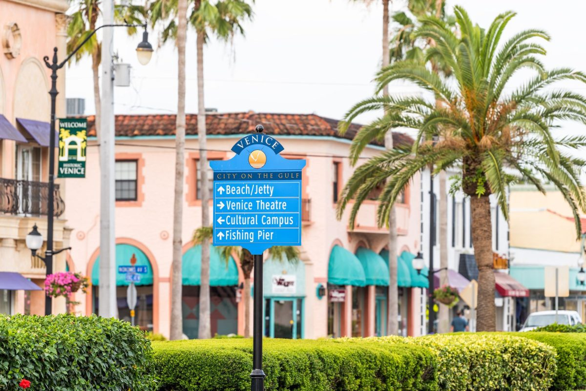 Venice Avenue downtown shops and restaurants with palm trees