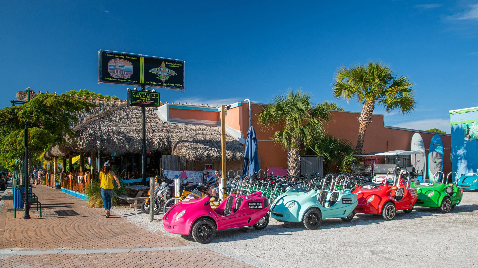 Siesta Key Village shops, tiki bars, and dining along the main strip