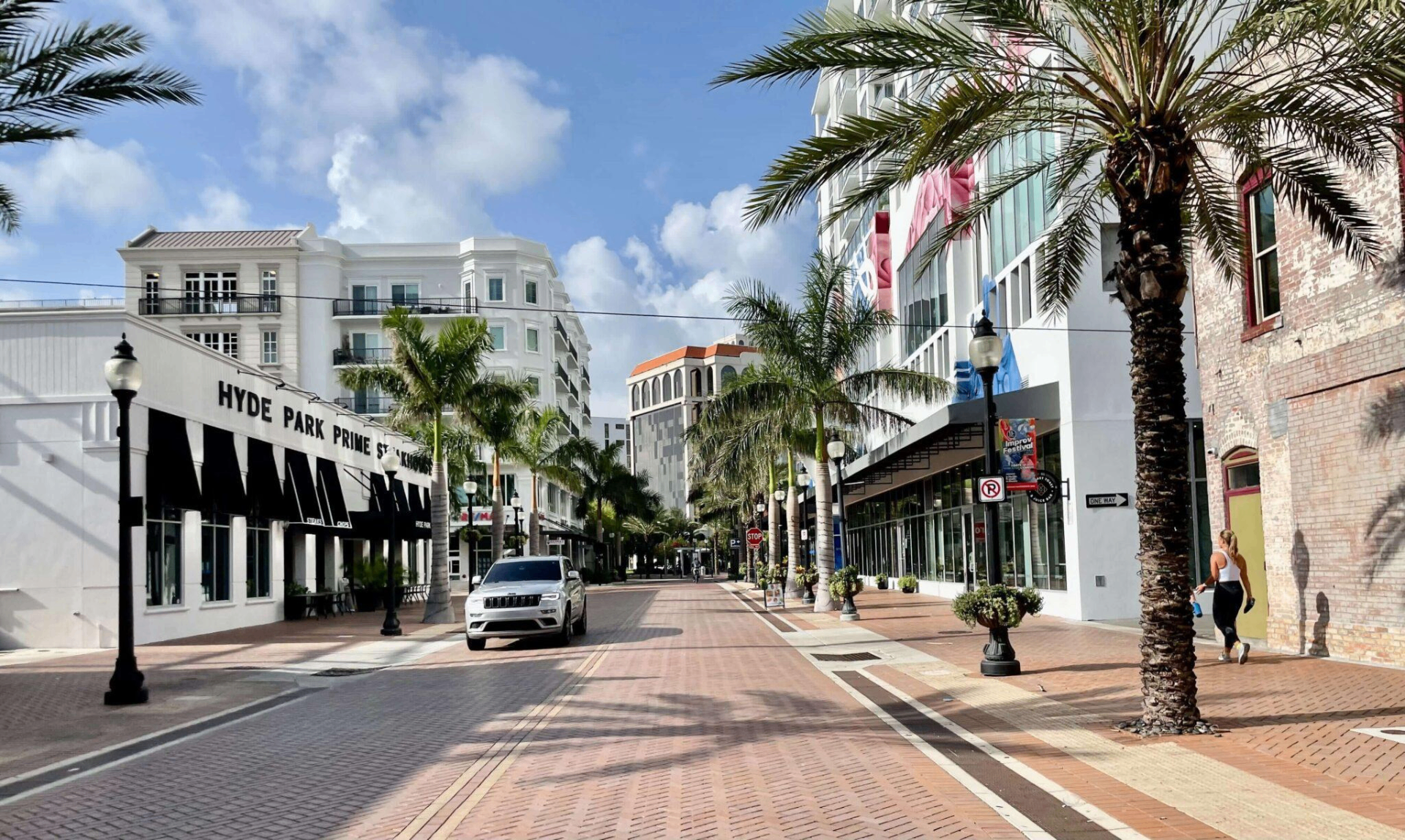 Downtown Sarasota Main Street with palms and shops
