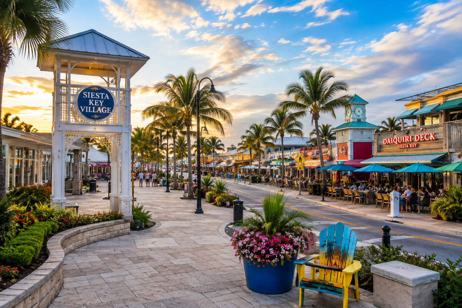 Siesta Key Village shops, tiki bars, and dining along the main strip
